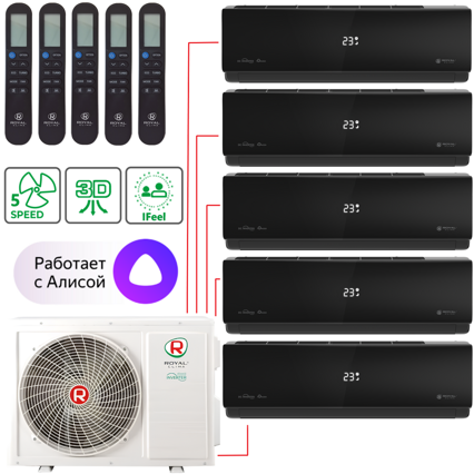 Мульти-сплит-система Royal Clima 5TFM-42HN/OUT + 5 внутренних блоков серии MULTI GAMMA ATTICA NERO (9+9+9+9+9) черный