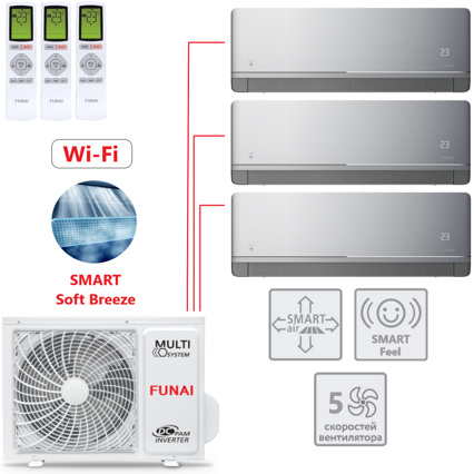Мульти-сплит-система Funai серии ORIGAMI KODO RAM-I-4OK105HP.01/U + 3 внутренних блока серии KAGAMI (12+12+12) серый, серебряный